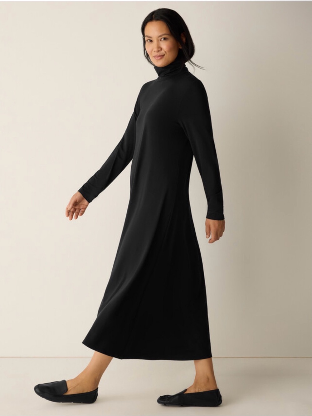 Eileen Fisher Stretch Jersey Knit Long Sleeve Black Turtleneck Maxi Dress - Picture 2 of 8